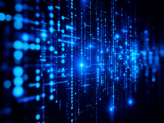 Digital data streams flow across a dark interface displaying binary code in an abstract technology concept