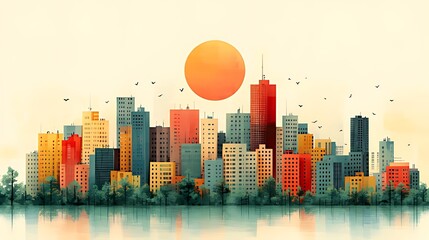 Wall Mural - Sunset cityscape, waterfront, birds, illustration, design