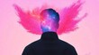 © Vertigo Images - A silhouetted figure filled with cosmic wonders stands against an ethereal pink background embodying the vastness and mystery of the mind
