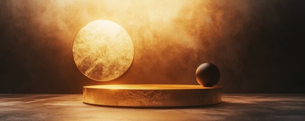 Wall Mural - Golden platform, dark sphere, smoky backdrop, product display