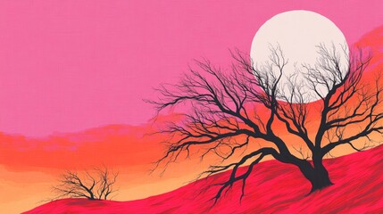 Wall Mural - A surreal landscape featuring silhouetted trees against a vibrant sunset sky with a large moon creates a dreamy and otherworldly scene