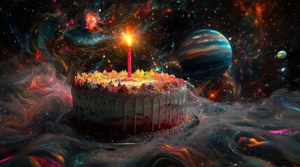 Wall Mural - a cosmic birthday cake with a lit candle sits on a swirling cloud amidst nebulae and planets.