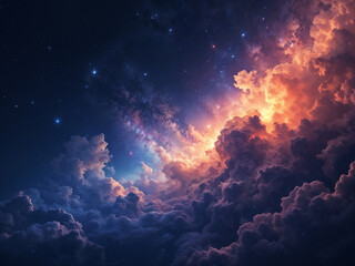 Wall Mural - Dramatic clouds glow intensely meeting the starry night sky above creating a celestial spectacle