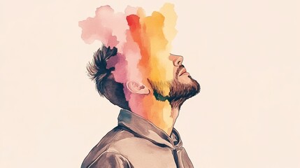 Wall Mural - Abstract watercolor illustration of a man looking upwards with colorful watercolor paint covering his face conveying emotion and introspection