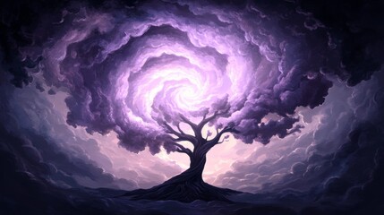 Canvas Print - Whimsical tree beneath a swirling sky The magical vortex-like clouds are radiating with a luminous ethereal light Breathtaking!