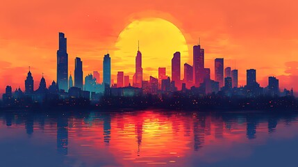 Wall Mural - Cityscape sunset reflection, urban waterfront, fiery sky, digital art, website banner