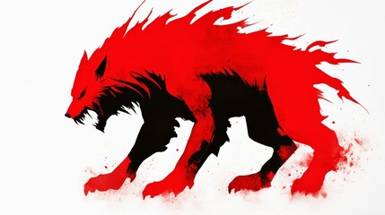 Canvas Print - A stylized rendering showcases a wolf in a fierce pose rendered in vibrant red hues with contrasting black shadows against a stark white background