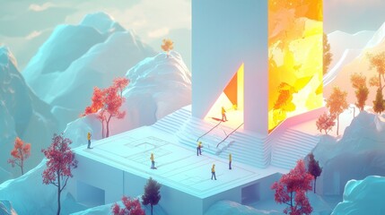 Wall Mural - surreal minimalist architecture in a mountainous landscape with small figures.