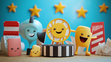 Wall Mural - Y2k cinema mascots set isolated on white background. Contemporary vector cartoon illustration of cute film reel camera, star, movie tickets, megaphone, clapper emoji characters with smiling faces