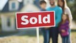 © saokaew - A family stands proudly behind a 'Sold' sign in front of their new home, celebrating their successful real estate purchase.