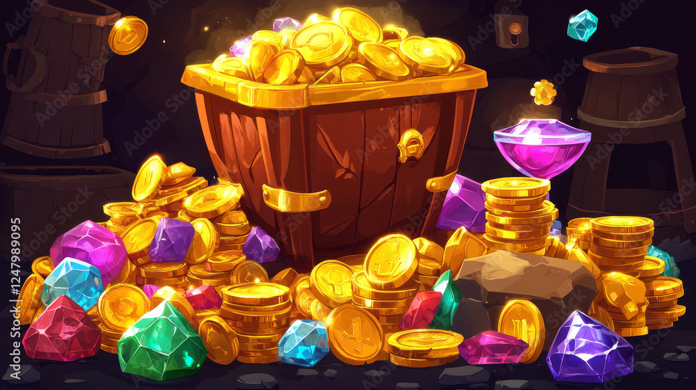 Pirate treasure pile set with coin and gem vector. Cartoon antique game ...