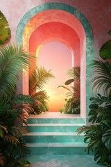 Wall Mural - Tropical sunset archway steps, vibrant plants, product display