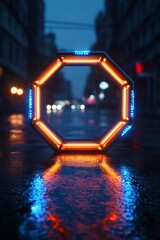 Poster - Neon Octagon Frame on Rainy City Street at Night