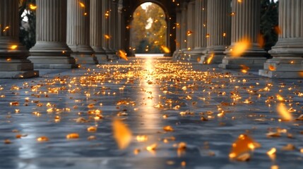 Poster - Falling leaves create a golden path between classic columns creating a sense of timeless beauty and serene autumn atmosphere