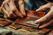 © BerkahStock - Close-up of hands crafting a brown leather wallet, showcasing meticulous stitching and details.