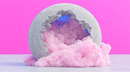 Wall Mural - An abstract composition featuring a spherical object with a hollow center filled with cotton-like material in shades of pink and blue