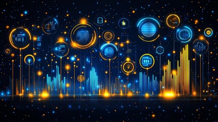 Abstract Futuristic Digital Cityscape Neon Lights Glow Technology Background