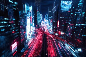 Wall Mural - Futuristic city at night, vibrant light trails on roads between skyscrapers.