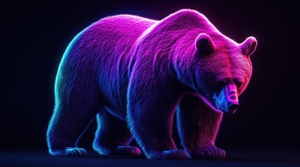 Wall Mural - neon glowing bear, vibrant pink and blue colors, dark background.