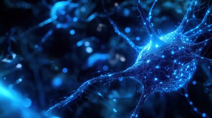Wall Mural - microscopic view of a glowing blue neuron with intricate network of connections and synapses.