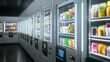 © Sahraya - Self order kiosk realistic 3d vector mockup. Vending machines with sensor panel, receipts and pos terminal for payment. Innovative self service counter device, interactive wall or floor stands set