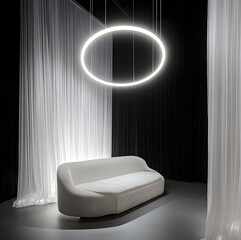 Wall Mural - A white circular thick light is hung vertically from the ceiling, a white velvet sofa is underneath and thick Plastic semi transparent white backlit curtains hang in the background of it .