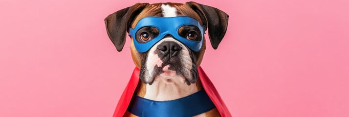 Canvas Print - Boxer dog in superhero costume against pink background.