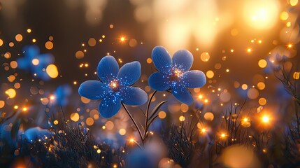 Wall Mural - magical glowing blue flowers in fantasy night garden: a dreamlike digital art