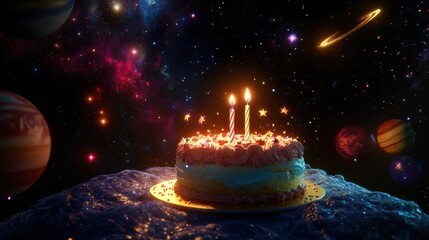 Wall Mural - birthday cake with two lit candles sits on a rock in outer space, surrounded by planets and stars.