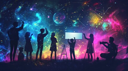 Wall Mural - silhouettes of people stargazing, painting, and photographing a vibrant cosmic scene.