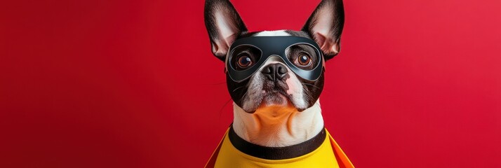 Canvas Print - Superhero French Bulldog dog in costume on red background.