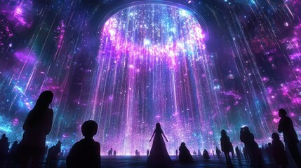 Wall Mural - silhouetted figures witness a vibrant, cosmic light show within a large, arched structure.
