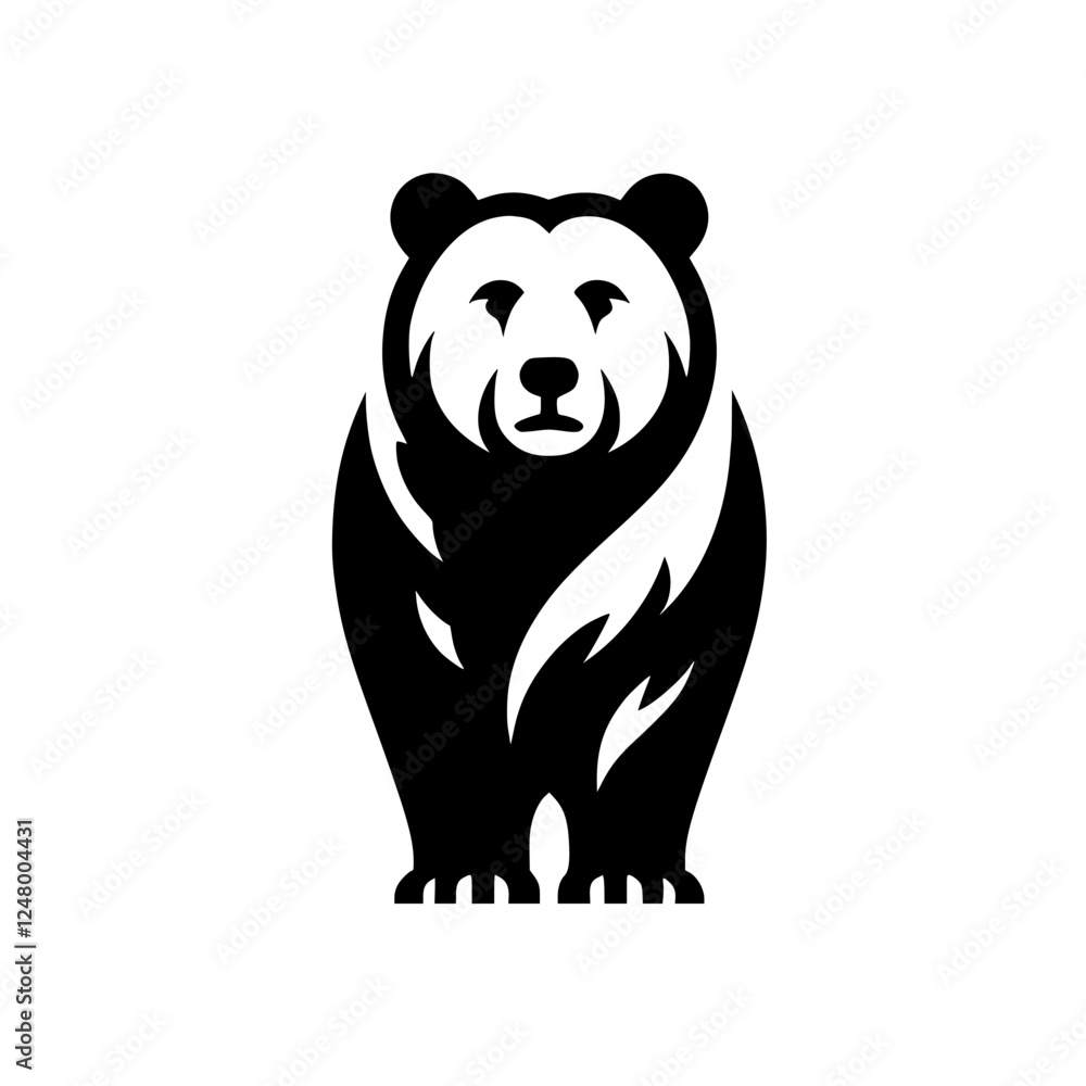 Silhouette of a bear icon in black and white, standing upright and ...