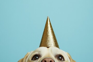 Wall Mural - Close-up of a dog wearing a gold party hat against a light blue background.