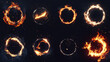 © Sahraya - Circle fire frames set isolated on transparent background. Vector realistic illustration of round orange borders burning with flame, smoke and sparkles, magic power effect, animation sprite sheet