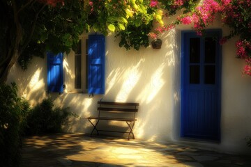 Wall Mural - Sunny courtyard with blue door, bench, and flowering plants.