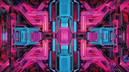 Wall Mural - abstract digital art depicting a symmetrical, vibrant, neon-lit, geometric structure with intricate 