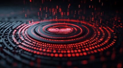 Abstract digital data visualization with red glowing concentric circles and binary code falling.