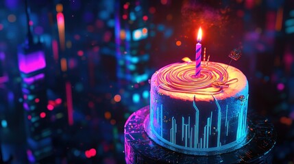 Wall Mural - Neon cityscape backdrop with a single candle burning atop a vibrant birthday cake.