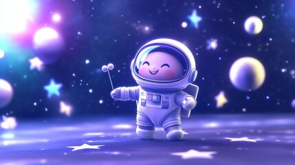 Wall Mural - cute astronaut child playing in space among stars and planets.