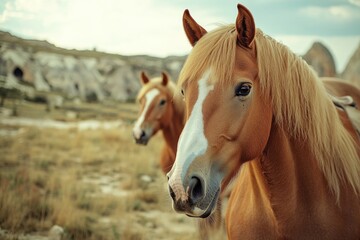 Wall Mural - Two horses standing at the top of a green field, possibly used as a peaceful landscape or equestrian-themed background