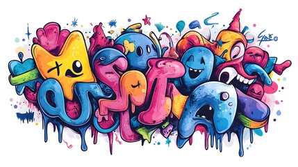 Wall Mural - Vibrant Graffiti Inspired Cartoon Monsters Decorating an Urban Wall with Splashing Colors and Playful Designs