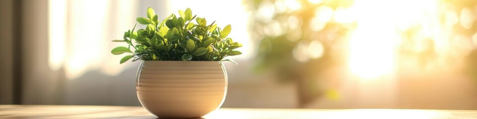 Poster - A potted plant sits on a table in front of a window, ideal for use in interior design or lifestyle photography