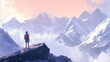 © Sehraye - Traveler at mountain landscape with peaks covered with fog. Travel or wanderer extreme journey, adventure. Tourist with backpack look into the distance on high rock tops, Cartoon vector illustration