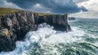© MakeitEasy - Rugged coastal cliffs, dramatic ocean waves crashing against rocks, stormy sky above highlighting nature's raw beauty.