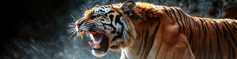 Wall Mural - Close-up of a tiger's mouth open, revealing sharp teeth and tongue