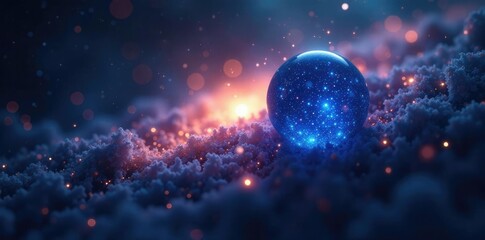 tiny blue spheres radiating light amidst stardust in a nebula, nebula, glow