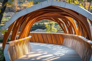 Wall Mural - A wooden bridge spanning across a calm river, surrounded by lush greenery