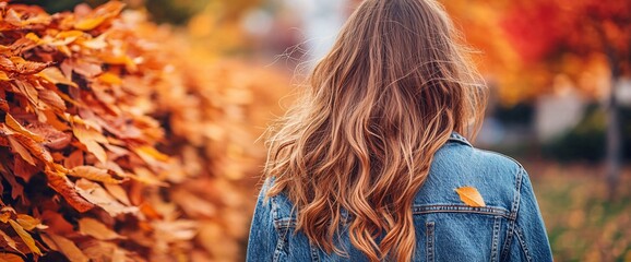 Sticker - Woman walking autumn park, leaves background, fall fashion