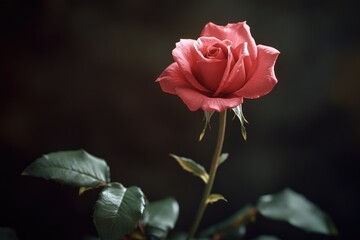 Sticker - A single pink rose with green leaves set against a dark background